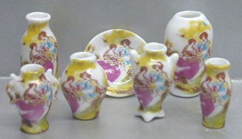 Dollhouse Miniature 7 Pc Vases/Plate-Figures